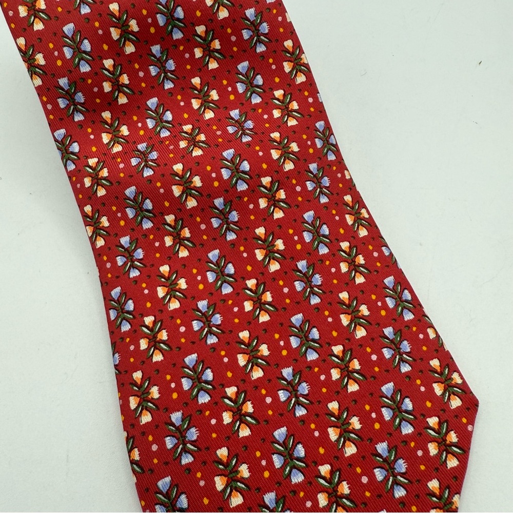 Hermes 7798 FA‎ Cherry Red Pasel Floral Bunches 100% Silk Tie Made in France - Picture 4 of 5